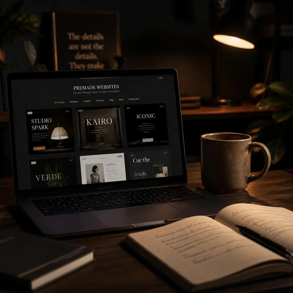 Diseño web profesional: vista de un portfolio de webs en modo oscuro sobre un escritorio cálido y acogedor, invitando a una conversación personalizada.