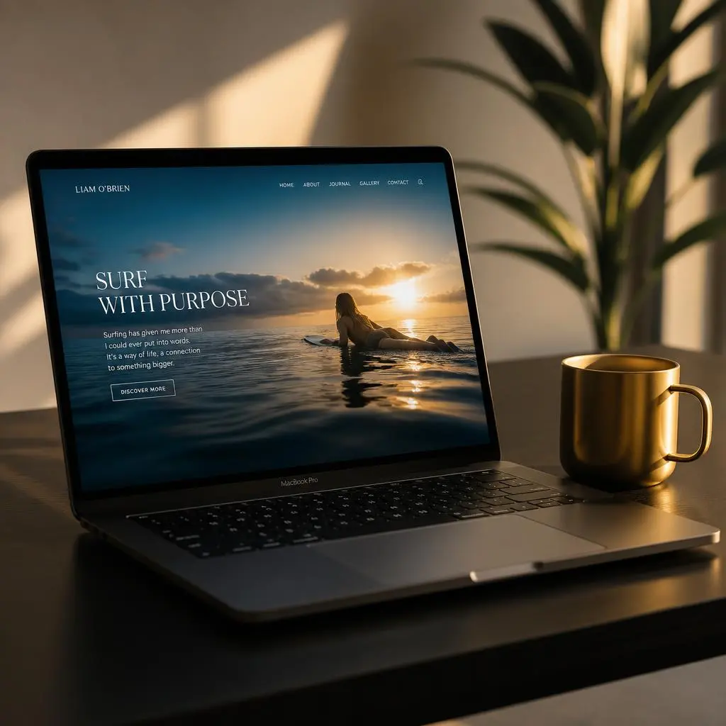 Diseño web profesional para surfista en un MacBook sobre un escritorio minimalista con taza dorada.